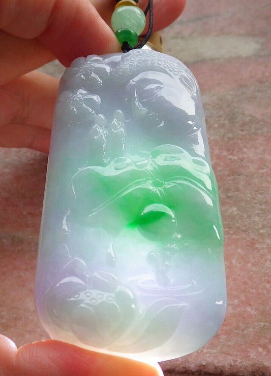 Certified Green Pale Lavender Burma 100% Natural A Jade jadeite pendant Sakyamuni Buddha God Lotus Flower Leaf Necklace 释迦牟尼 633589  TN