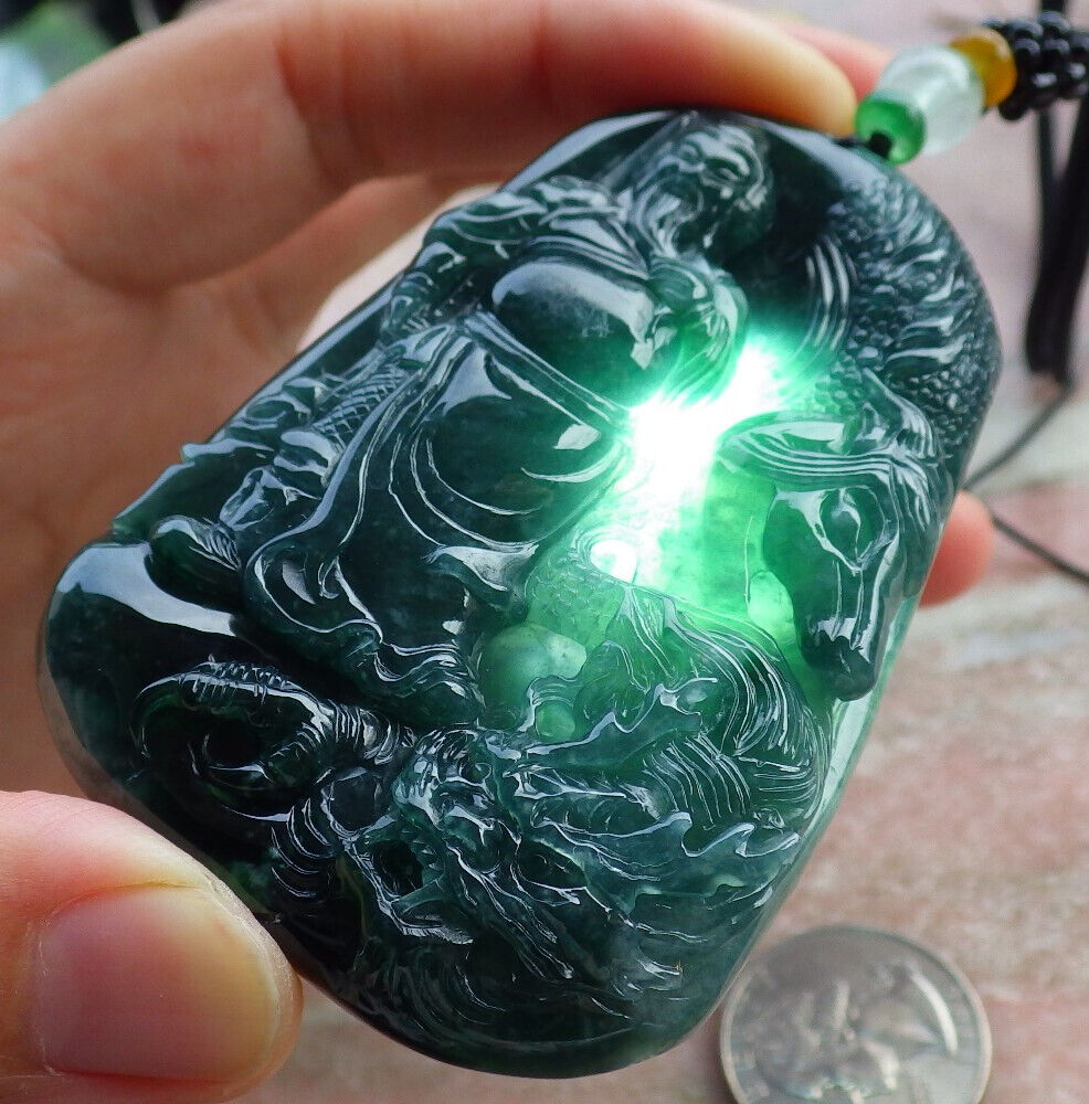 Certified Icy Green Burma 100% Natural A Jade jadeite pendant Guan Gong God Dragon Horse Sword Necklace 关公 635214  TN