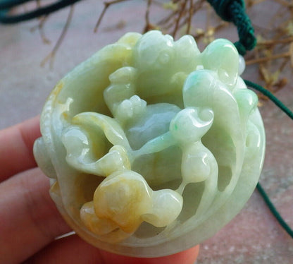 Certified Yellow Green Burma 100% Natural A Jade jadeite Pendant Dragon Pi Xiu Money Coin Ruyi Necklace 风水貔貅 634127  TN
