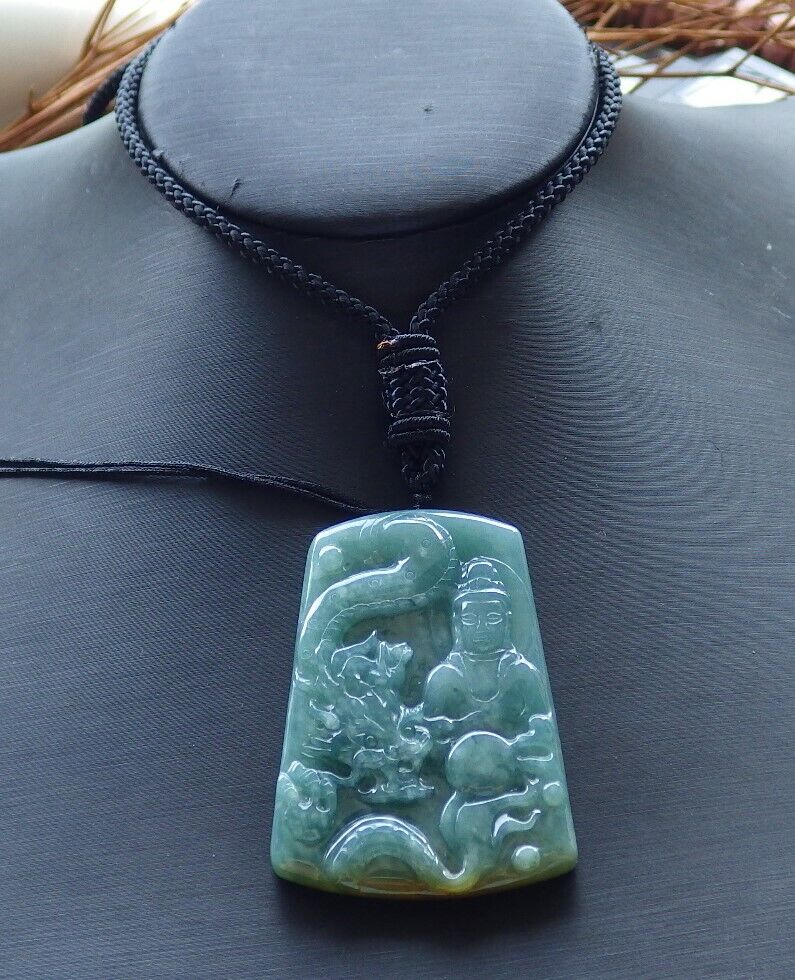 Certified Green Yellow 100% Natural A Jade jadeite Pendant Guanyin Kwan Yin Dragon Necklace 观音 528806  TN