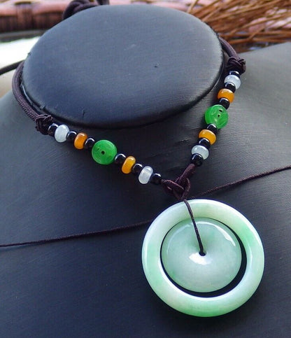 Certified Green 100% Natural A Jade jadeite Pendant Circle Donut Necklace 母子平安扣 528770  TN