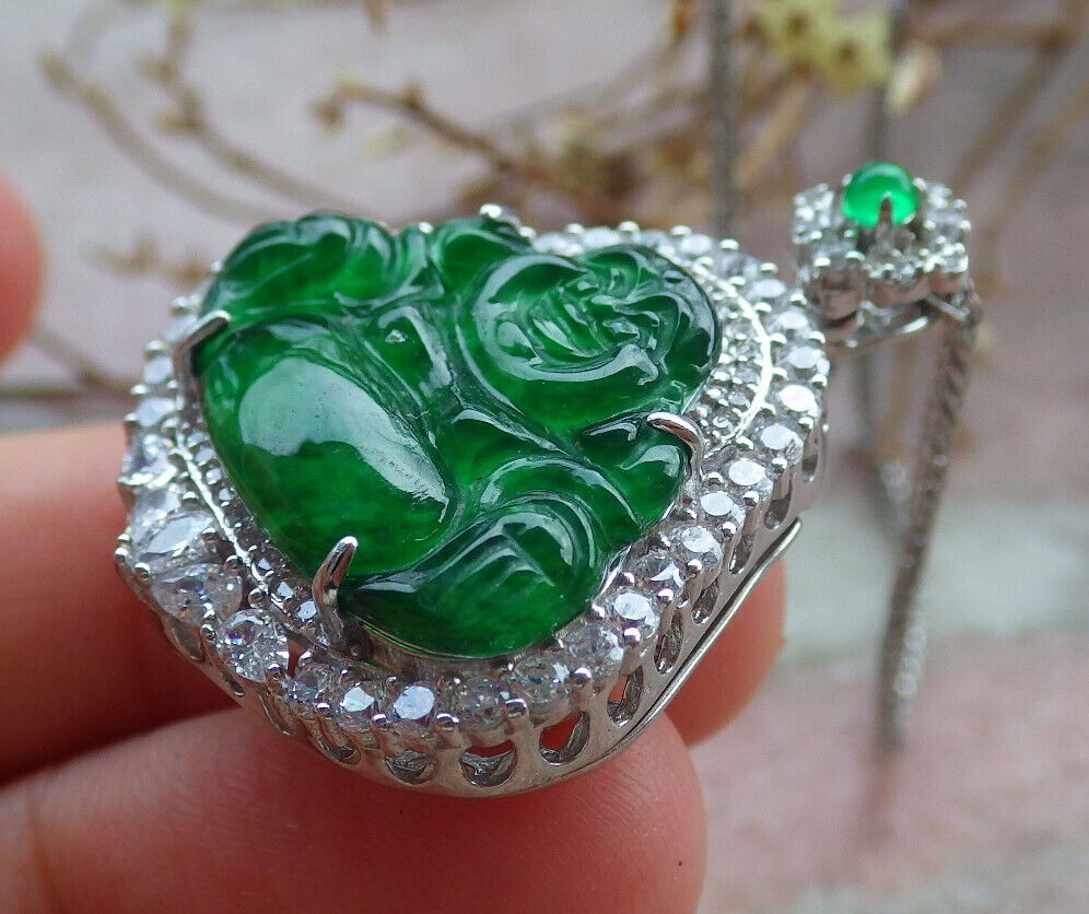 Icy Green Silver 925 Certified Burma 100% Natural A JADE Jadeite pendant Happy Buddha God Necklace 佛公 635249  TN
