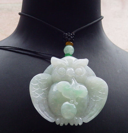 Certified Green Burma 100% Natural A Jade jadeite Pendant Owl Ruyi Necklace 猫头鹰 633380  TN