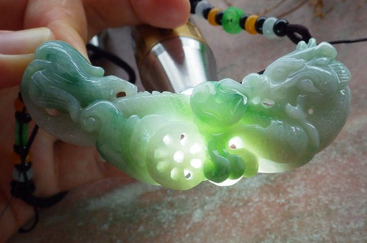 Certified Green Burma 100% Natural A Jade jadeite Pendant Dragon Bead Necklace 生意兴隆 635341  TN