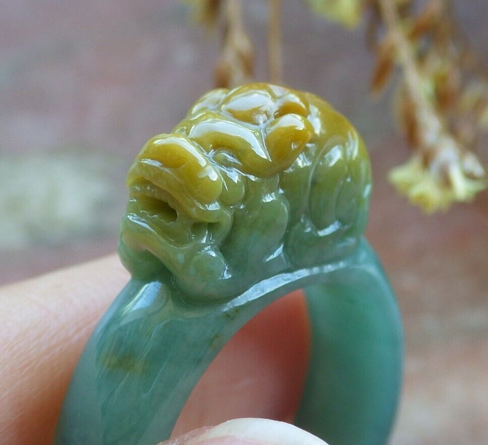Certified Yellow Green 100% Natural A JADE Jadeite Dragon Pi Xiu RING USA. 9 戒指 529757  TN