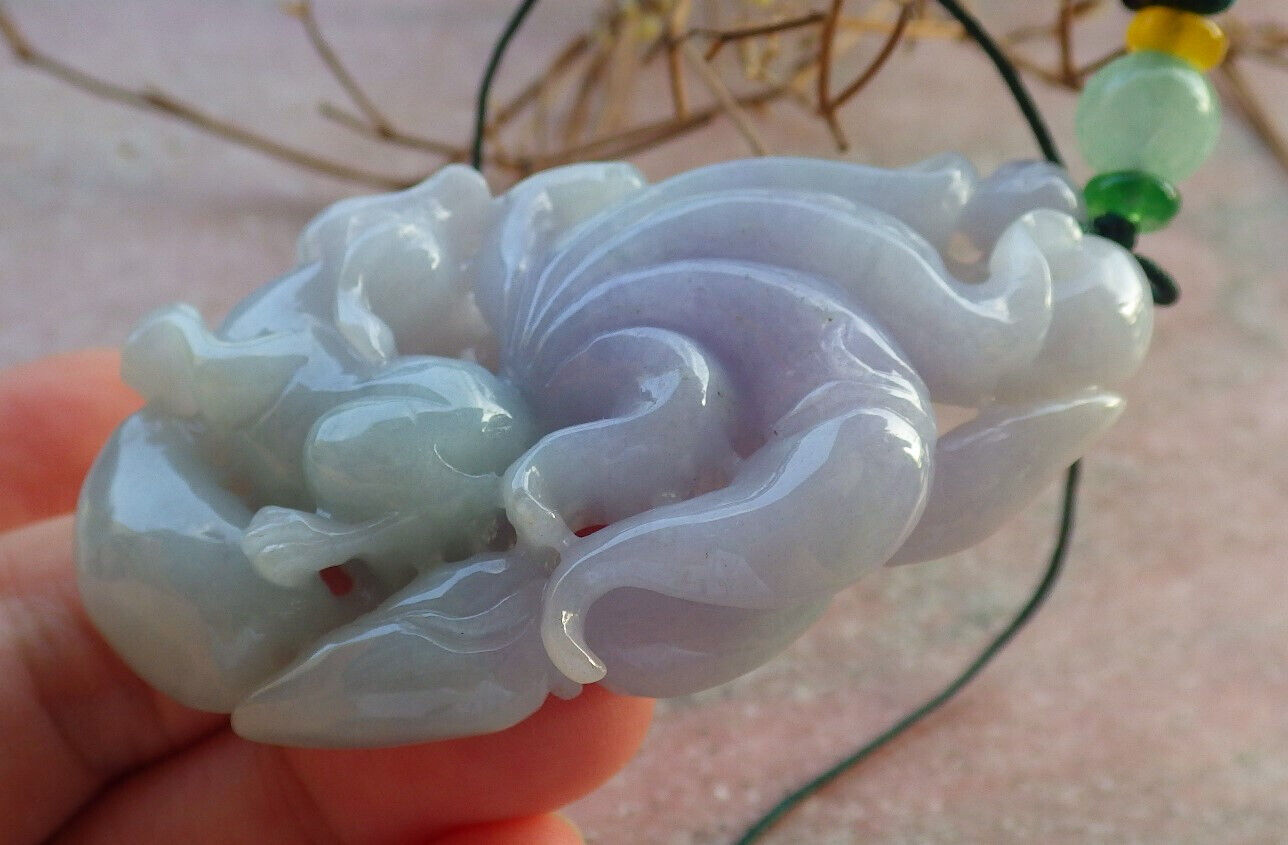 Certified Lavender Green Burma 100% Natural A Jade jadeite Pendant Fox Lotus Necklace 狐狸 634293  TN
