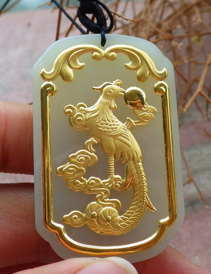 Certified 24K Yellow Gold Filled Hetian nephrite jade 100% A Natural Phoenix Rectangle Bead Necklace 凤凰牌 520692  TN