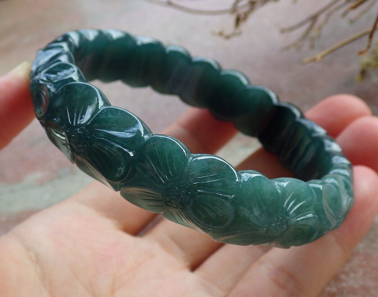 Certified Icy Blue Water Green Burma 100% Natural A JADE Jadeite Flower Bangle Bracelet 62 mm 635320  TN