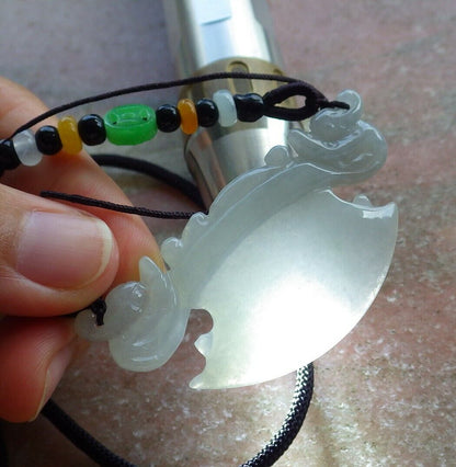 Certified Pale Lavender Green 100% Natural A Jade jadeite Pendant Dragon Axe Necklace 龙斧头 529917
