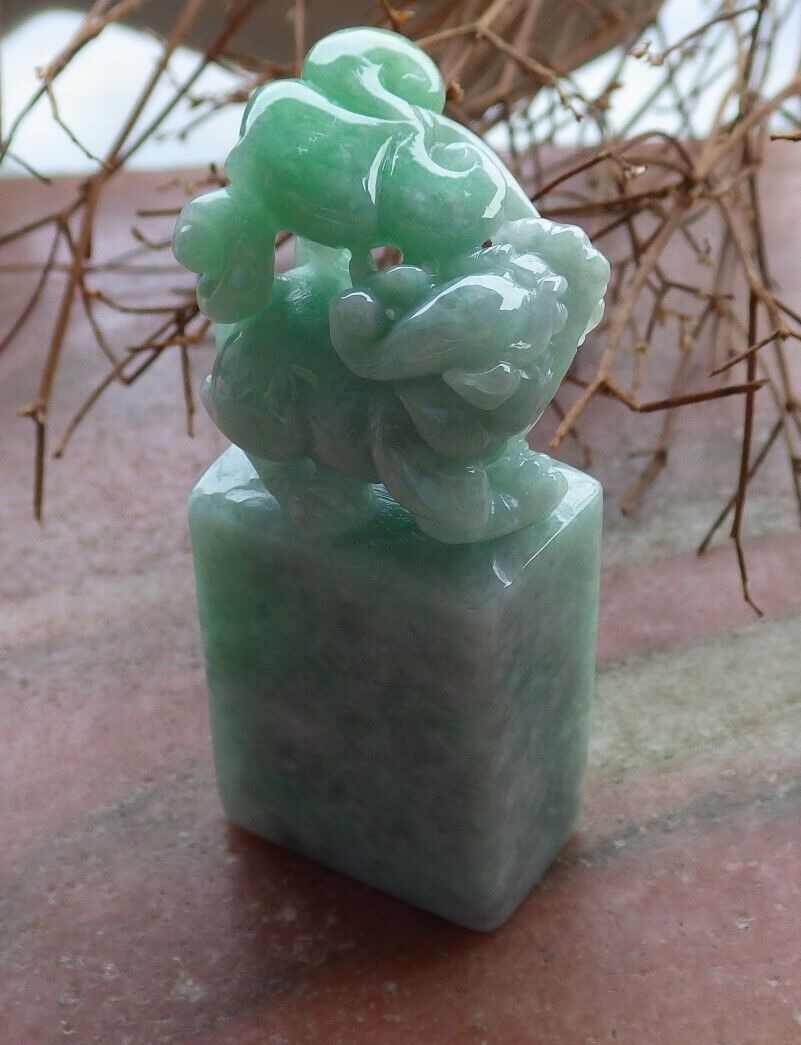 Certified Green 100% Natural A Jade jadeite Display Dragon Pi Xiu Lotus Flower Ruyi Chop Seal 印章 528326  TN