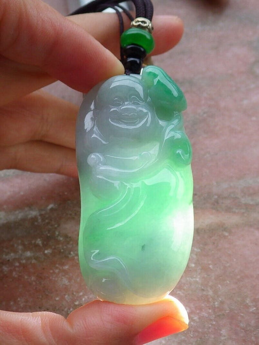 Certified Green 100% Natural A Jade jadeite pendant Happy Buddha God Necklace 开心佛 521299  TN