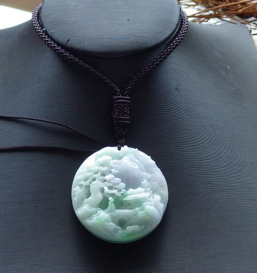 Certified Green Pale Lavender Burma 100% Natural A Jade jadeite Landscape painting Tree Necklace 山水画 528872  TN