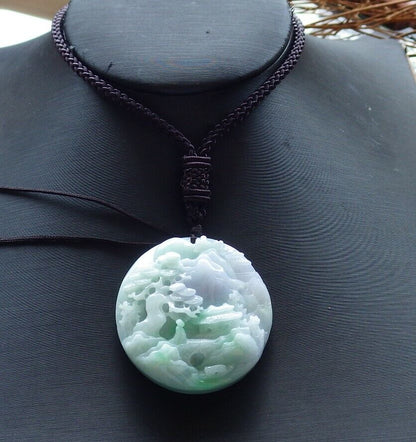 Certified Green Pale Lavender Burma 100% Natural A Jade jadeite Landscape painting Tree Necklace 山水画 528872  TN