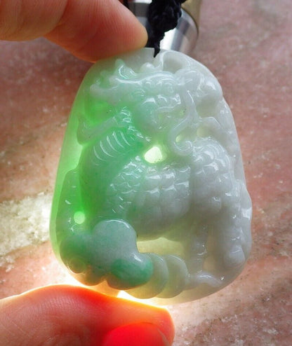 Certified Green 100% Natural A Jade jadeite pendant Dragon Kai Lun Ruyi Coin Necklace 龙 麒麟 525954  TN