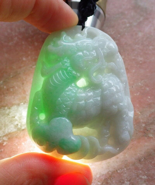 Certified Green 100% Natural A Jade jadeite pendant Dragon Kai Lun Ruyi Coin Necklace 龙 麒麟 525954  TN