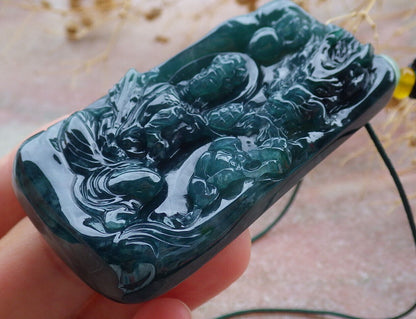 Certified Icy Green Burma 100% Natural A Jade jadeite Pendant Guanyin Kwan Yin Dragon Bead Necklace 观音 636916  TN