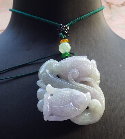 Certified Lavender Green Burma 100% Natural A Jade jadeite Pendant Fish Yuan Bao Necklace 年年有余 634285  TN