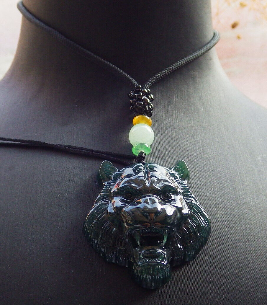 Certified Icy Blue Water Burma 100% Natural A Jade jadeite Pendant Tiger Necklace 虎虎生威 636028  TN