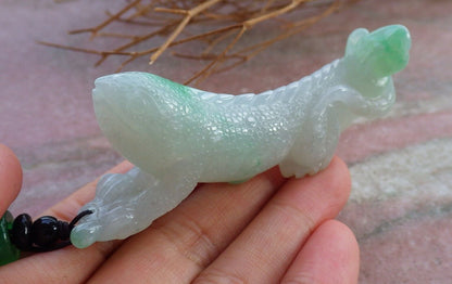 Certified Icy Green 100% Natural A Jade jadeite Pendant Dragon Lizard Lotus Flower Ruyi Necklace 龙蜥蜴 520903  TN