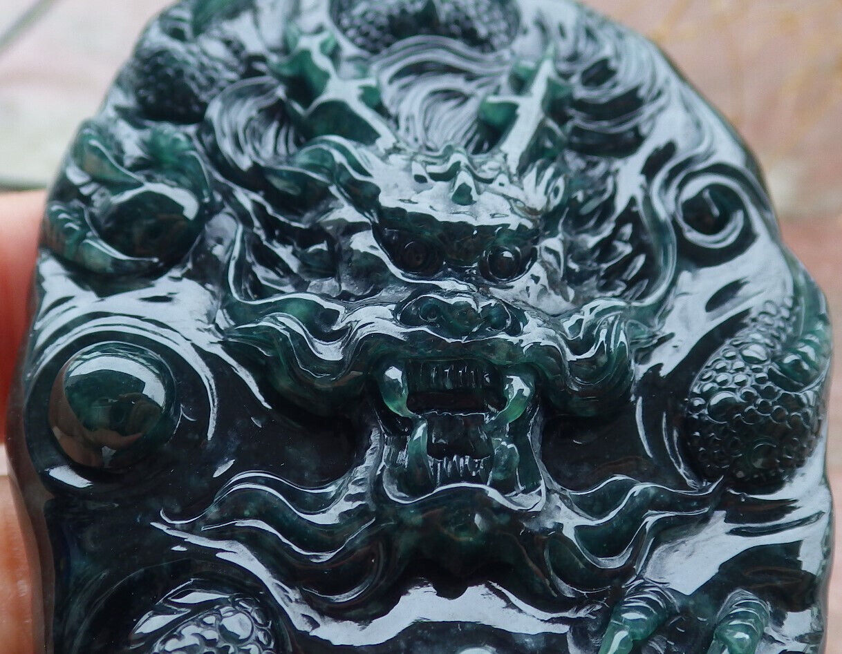 Certified Icy Blue Water Green Burma 100% Natural A Jade jadeite Pendant Dragon Bead Necklace 生意兴隆 636318  TN