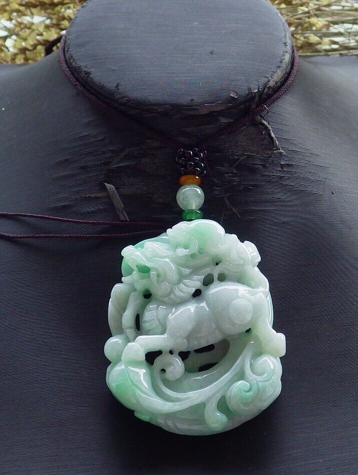 Certified Green Burma 100% Natural A Jade jadeite Pendant Dragon Kai Lun Frog Toad Necklace 574011 TN
