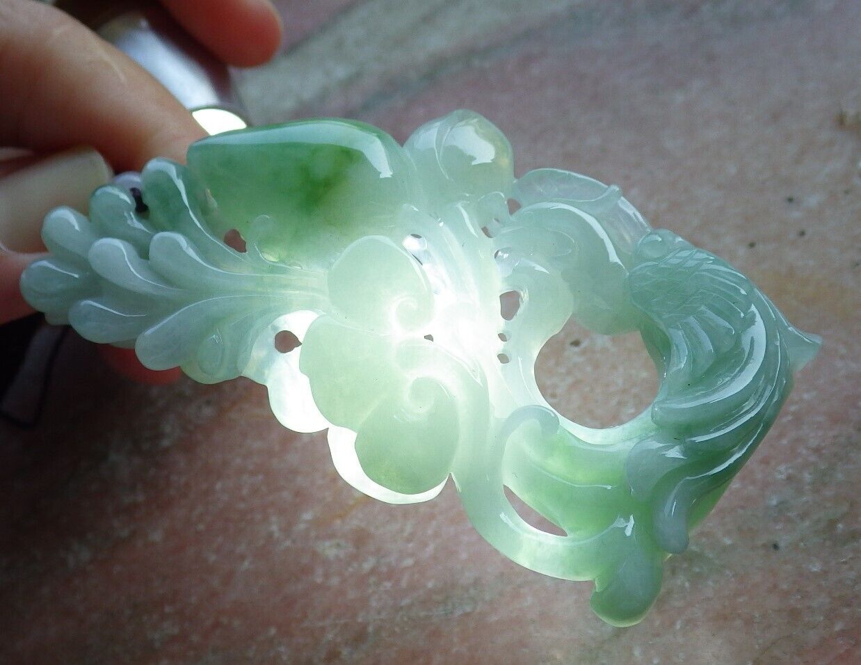 Certified Icy Green Burma 100% Natural A Jade jadeite Pendant Phoenix Peach Lotus Flower Ruyi Necklace 凤凰 574243 TN