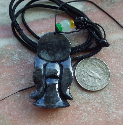 Certified Black Burma 100% Natural A Jade jadeite pendant Zhong Kui God Sword Fan Necklace 钟馗 632886  TN