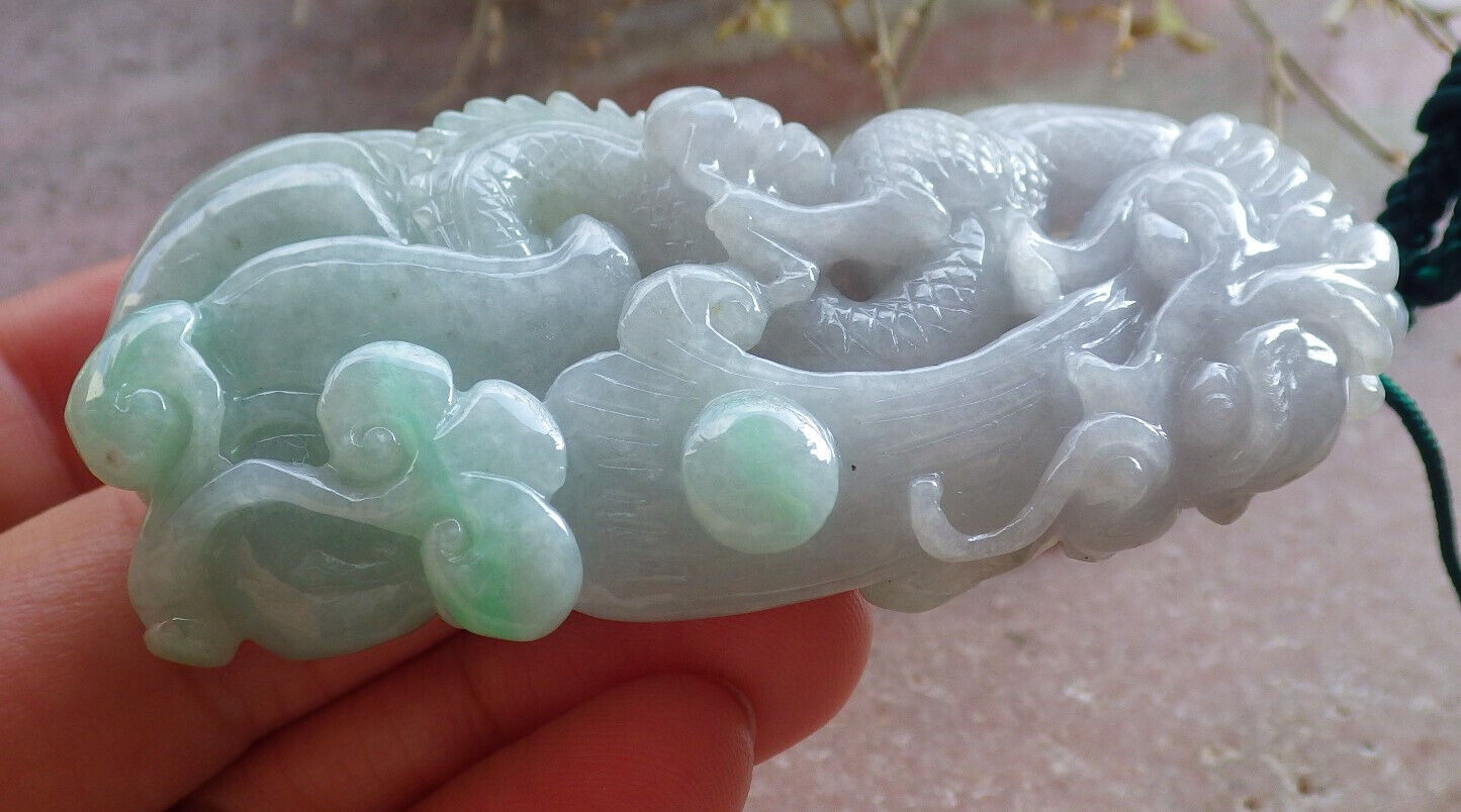 Certified Green Pale Lavender Burma 100% Natural A Jade jadeite Pendant Dragon Ruyi Coin Necklace 生意兴隆 646733 TN