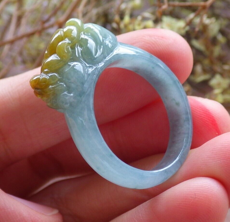 Certified Icy Yellow Green 100% Natural A JADE Jadeite Dragon Pi Xiu RING USA. 9.25 戒指 523838  TN