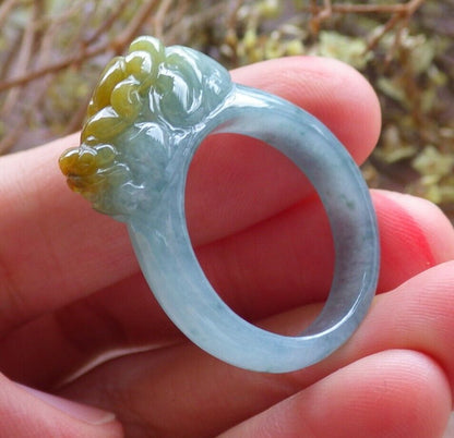 Certified Icy Yellow Green 100% Natural A JADE Jadeite Dragon Pi Xiu RING USA. 9.25 戒指 523838  TN