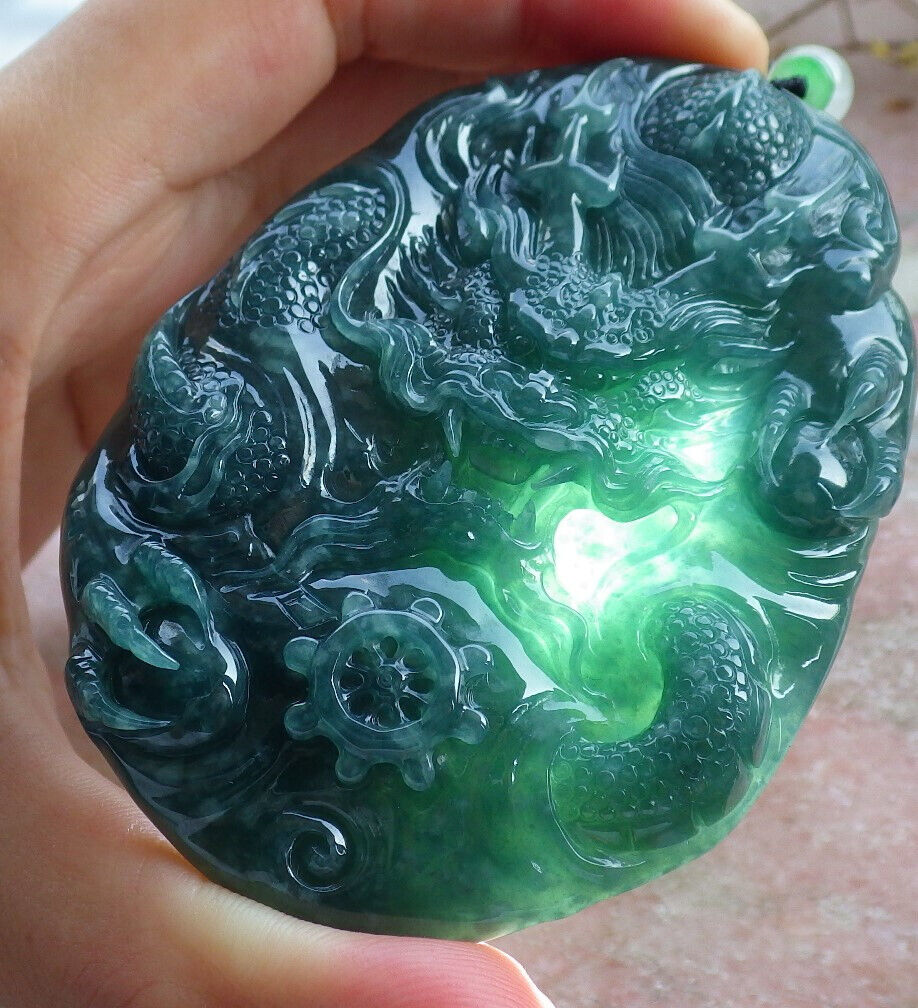 Certified Icy Green Burma 100% Natural A Jade jadeite Pendant Dragon Bead Necklace 生意兴隆 633320  TN