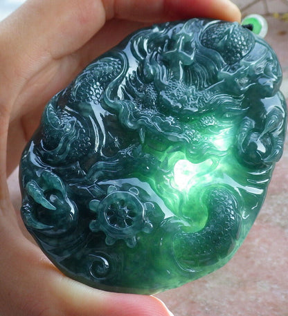 Certified Icy Green Burma 100% Natural A Jade jadeite Pendant Dragon Bead Necklace 生意兴隆 633320  TN