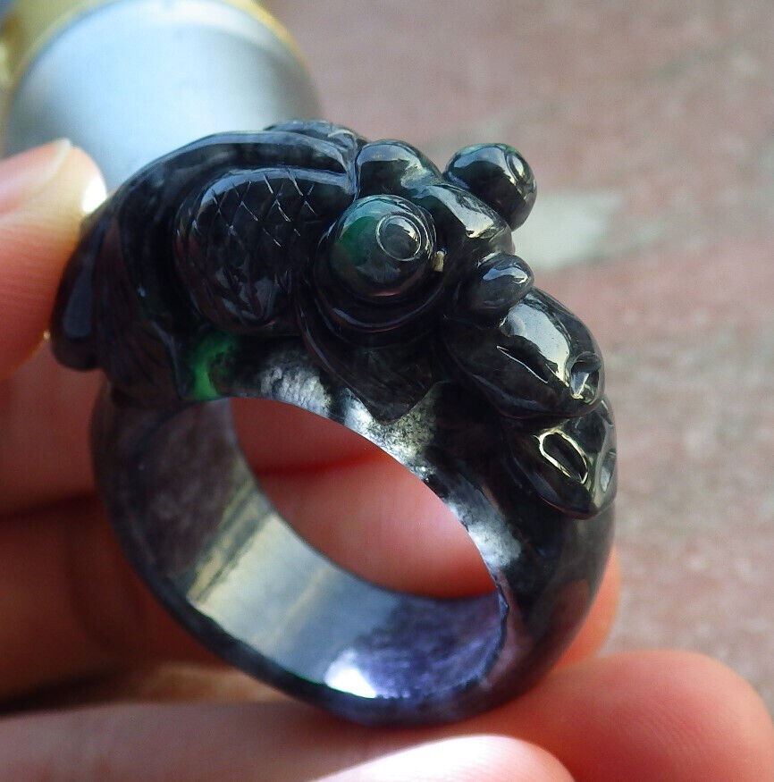 Certified Black Green Burma 100% Natural A JADE Jadeite Gold Fish RING USA. 12.5 戒指 634303  TN