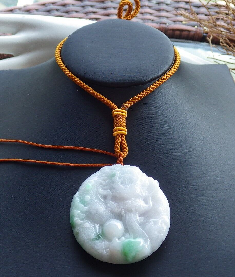 Certified Green 100% Natural A Jade jadeite Pendant Dragon Bead Lotus Flower Ruyi Necklace 生意兴隆 521035  TN