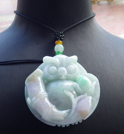 Certified Green Pale Lavender Burma 100% Natural A Jade jadeite Pendant Owl Lotus Flower Necklace 猫头鹰 632920  TN