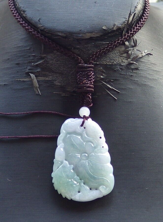 Certified Green Pale Lavender Burma 100% Natural A Jade jadeite Pendant Fish Lotus Leaf Necklace 年年有余 575361 TN