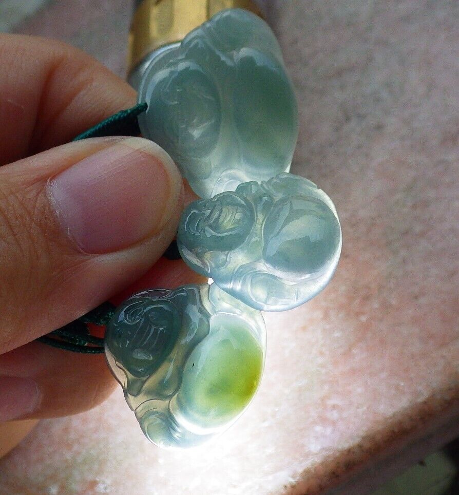 3 Pcs Certified Icy Green Burma 100% Natural A Jade jadeite Pendant  Buddha God Necklace  开心佛 575264 TN