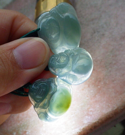 3 Pcs Certified Icy Green Burma 100% Natural A Jade jadeite Pendant  Buddha God Necklace  开心佛 575264 TN