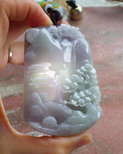Certified Lavender Green Burma 100% Natural A Jade jadeite Landscape painting Tree Necklace 山水画 525690  TN
