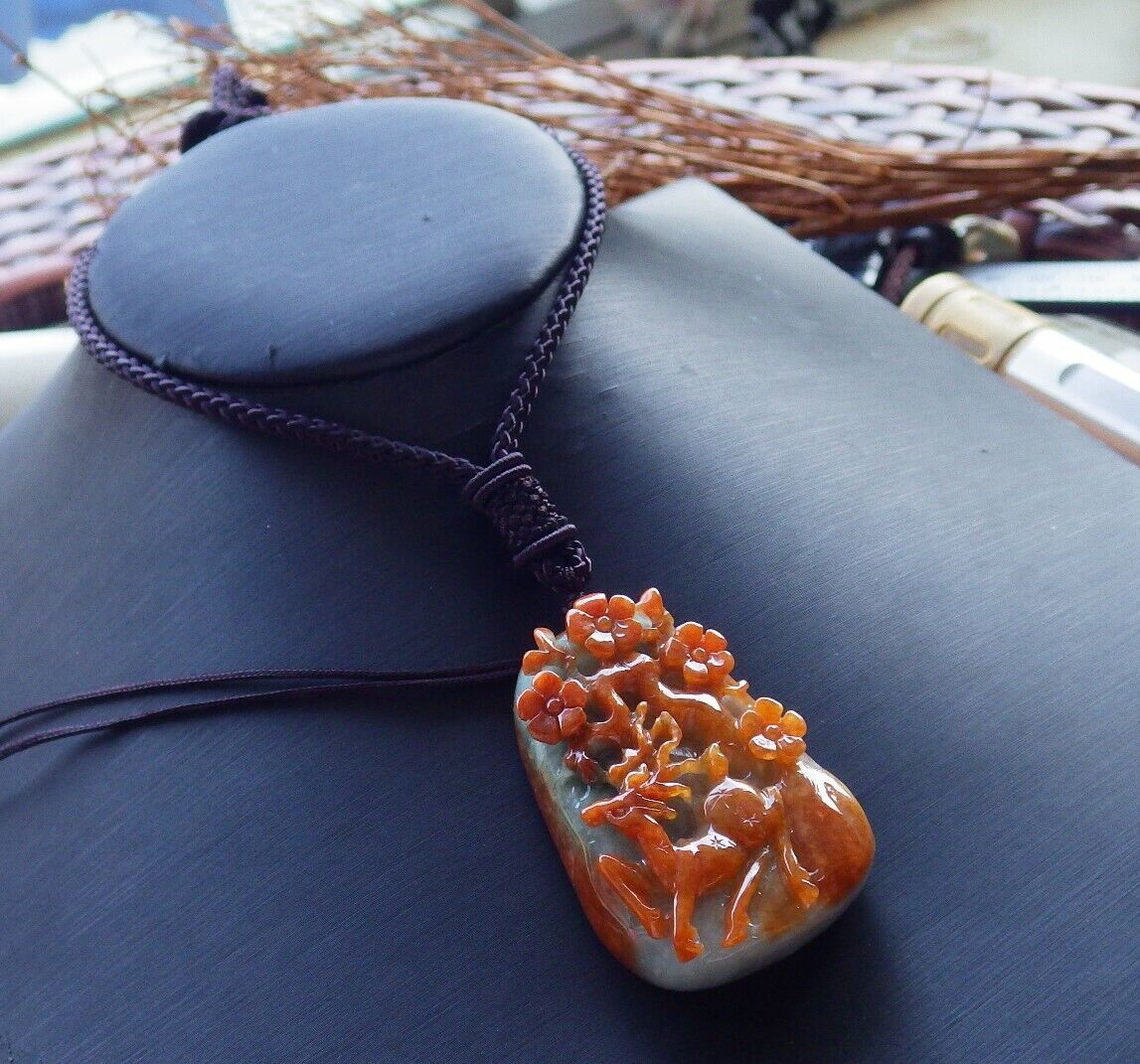Certified Red Green 100% Natural A Jade jadeite Pendant Deer Flower Necklace 梅花鹿 529224  TN