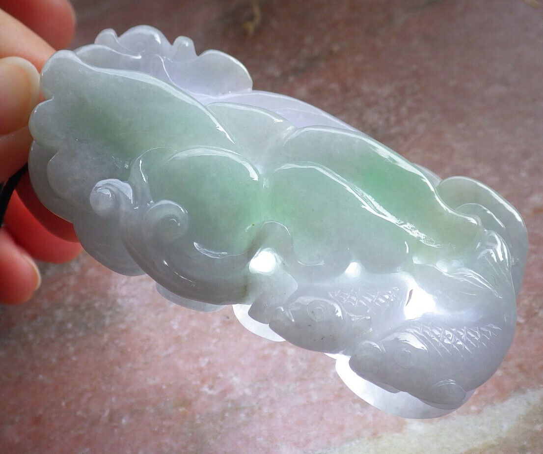 Certified Green Pale Lavender Burma 100% Natural A Jade jadeite Pendant Fish Lotus Flower Leaf Necklace 年年有余 646744 TN