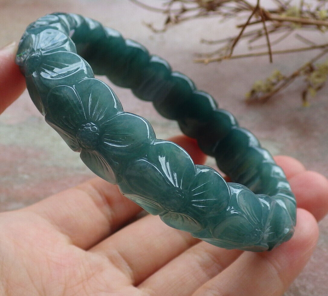 Certified Icy Blue Water Green Burma 100% Natural A JADE Jadeite Flower Bangle Bracelet 64 mm 635331  TN