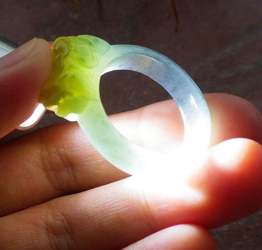 Certified Icy Yellow Green 100% Natural A JADE Jadeite Dragon Pi Xiu RING USA. 9.25 戒指 523559  TN