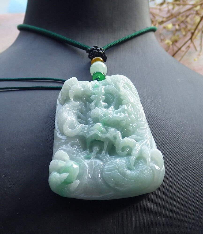 Certified Green Burma 100% Natural A Jade jadeite Pendant Dragon Bead Necklace 生意兴隆 633799  TN