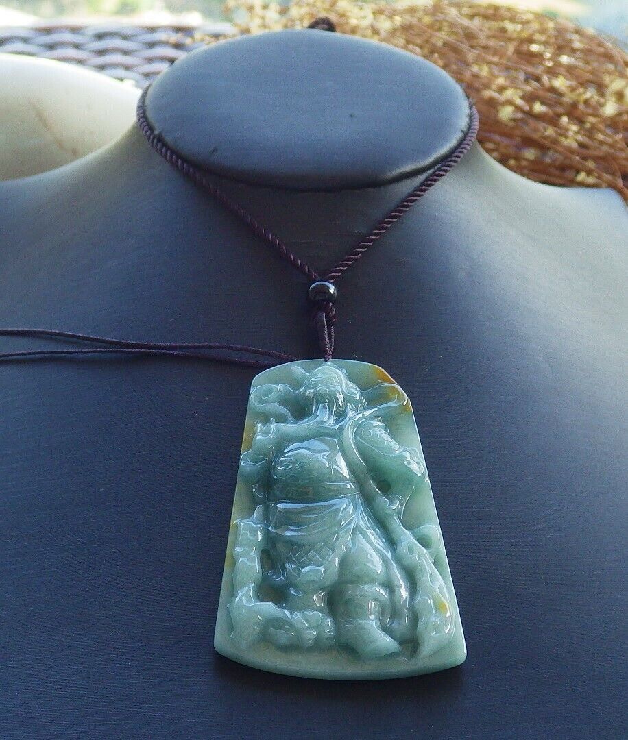 Certified Green Yellow 100% Natural A Jade jadeite pendant Guan Gong God Sword Necklace 关公 529823  TN