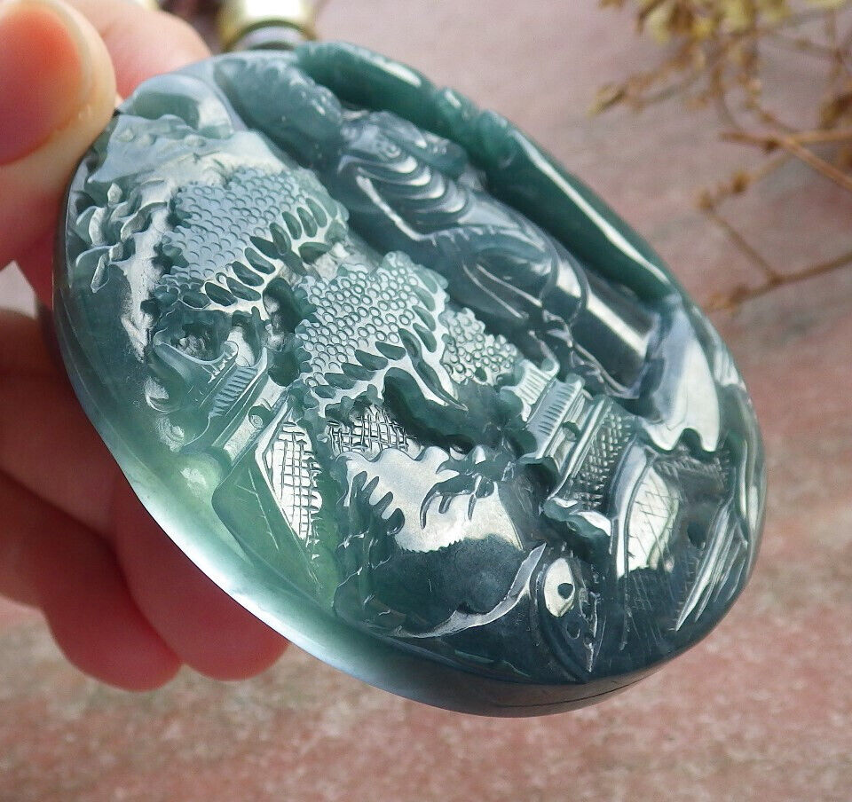 Atestita Glacia Verda Birmo 100% Natura A Jadejadeito pendanta Pejzaĝa pentraĵo Guanyin Kwan Yin Arba Koliero 山水画 634091 TN