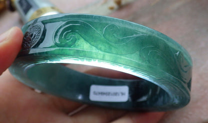 Certified Icy Green Burma 100% Natural A JADE Jadeite Dragon Phoenix Bangle Bracelet 58 mm 手镯 636336  TN