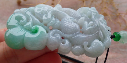 Certified Green Burma 100% Natural A Jade jadeite Pendant Dragon Ruyi Necklace 生意兴隆 636707  TN