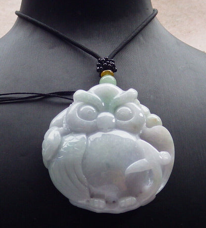 Certified Green Burma 100% Natural A Jade jadeite Pendant Owl Ruyi Necklace 猫头鹰 633581  TN
