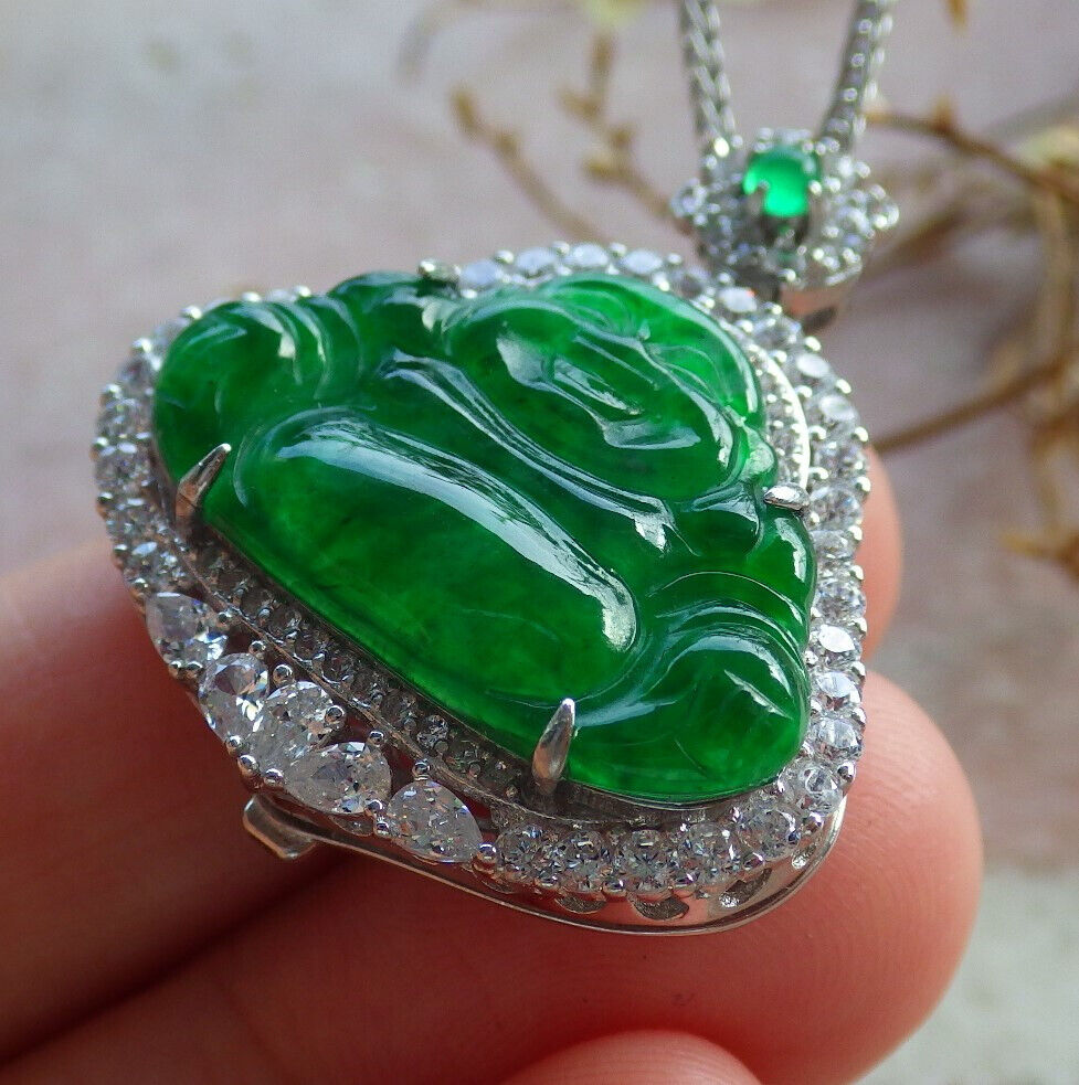 Icy Green Silver 925 Certified Burma 100% Natural A JADE Jadeite pendant Happy Buddha God Necklace 佛公 635186  TN